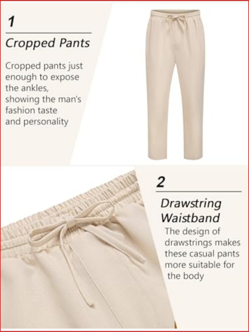 Mens Linen Casual Pants Lightweight Drawstring Beach Pants Elastic Waist Cropped - Picture 5 of 7